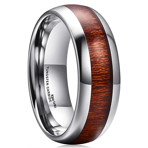 King Will Nature 8mm Domed Koa Wood Tungsten Carbide Ring Wedding Band Polished Finish Comfort Fit