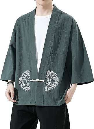 PRIJOUHE Men's Kimono Jackets Cardigan Casual Cotton Blends Linen Seven Sleeve Open Front Embroidery Coat