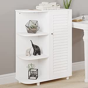 Floor Cabinet with Curved Shelves - Kitchen or Bathroom Storage Cabinet with Stylish Shutter Door and 3 Open Shelves by Lavish Home (White)