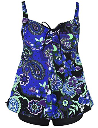 Hilor Women's Plus Size Floral Halter Tankini Set Two Piece Swimsuit