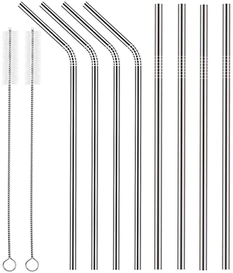 Stainless Steel Metal Straws Ultra Long 10.5'' Reusable Drinking Straws for 30 oz Tumblers Yeti Set of 8 (4 Straight   4 Bent   2 Brushes)