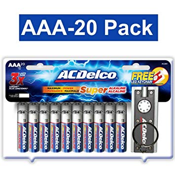 ACDelco AAA Super Alkaline Batteries with Bonus LED Keychain Flashlight, 20-Count