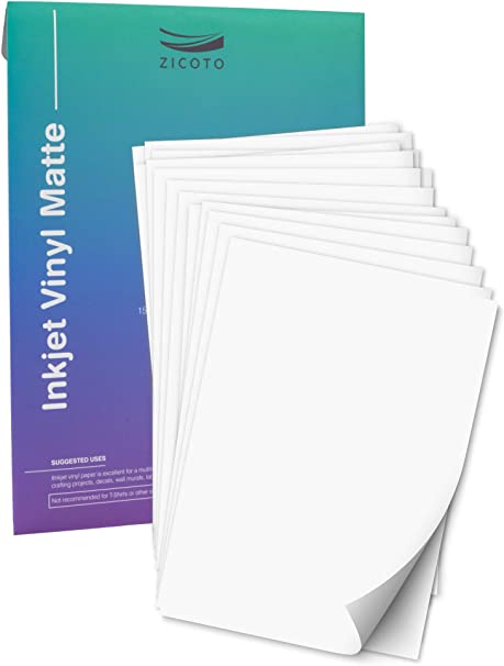 Premium Printable Vinyl Sticker Paper for Your Inkjet and Laser Printer - 15 Matte White Waterproof Decal Paper Sheets - Dries Quickly and Holds Ink Beautifully