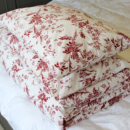 French Country 100% Full/queen Cotton Floral Pattern Red White Background Bedding Set with One Duvet Cover and 2 Pillowcases 200 Thread Count Premium Quality