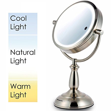 Ovente Dual Sided LED Lighted Mirror with Timer, 3 Lighting Tone (Daylight, Cool, Warm) Battery Operated or AC adapter (8.5 inch/ 5x Magnification, Nickel Brushed, MPT85BR1x5x)
