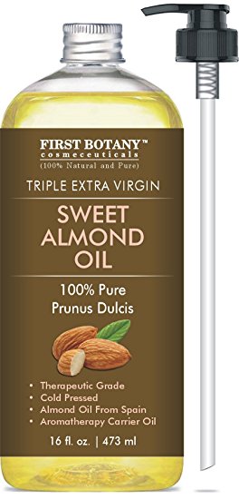 Sweet Almond Oil, Triple AAA+ Grade Quality, For Hair, For Skin and For Face, 100% Pure and Organic from Spain, Cold Pressed , 16 fl oz