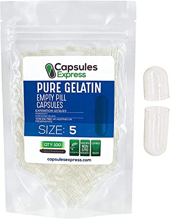 Capsules Express- Size 5 Clear Empty Gelatin Capsules 100 Count - Easy to Swallow - Kosher and Halal - Pure Bovine Gelatin Pill Capsule - DIY Supplement Powder Filling