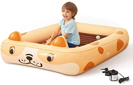 Kids Inflatable Toddler Travel Bed Cartoon Dog, Portable Kids Air Mattress, Integrated Blow Up Airbed with 4-Sided Safety Bumpers & 2 in 1 External Electric Pump for Kids, Toddler, Camping, Travelling