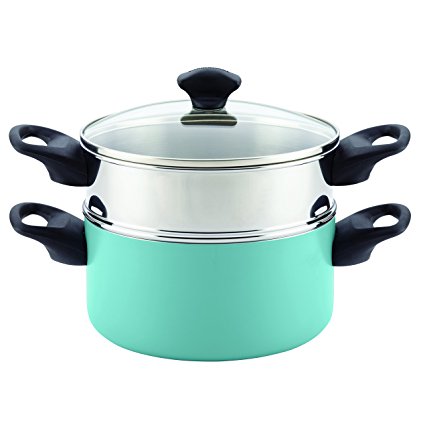 Farberware Dishwasher Safe Nonstick Aluminum Covered Saucepot & Steamer Insert, 3 quart Stack 'N' Steam, Aqua, 3-Qt