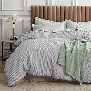 Bedsure Waffle Comforter Set Queen, Grey Soft Cotton Comforter Queen Size, Bedding Set for All Seasons, Waffle Weave Bed Set, 3 Pieces, 1 Comforter (90"x90") and 2 Pillow Shams (20"x26" 2")