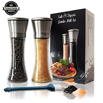 Salt and Pepper Grinder Shakers - Brushed Stainless Steel with Adjustable Coarseness Ceramic Burr - Set of 2 Glass Mills - Added Value with Utinity Brush Gift - Salt and Pepper Shakers by Lovatic