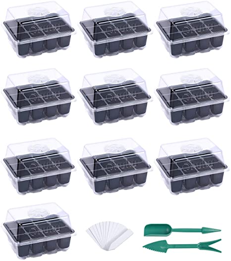 Ohuhu 10-Pack Seed Starter Tray Kit, 120 Cells Seed Starting Trays with Dome & Base, Adjustable Humidity Mini Propagator for Seeds Growing, Germination Trays with Plant Labels & Seedling Tools