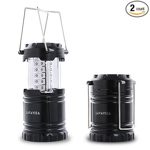 LAVAVIDA LED Camping Lantern - 2 Pack Safety Lamp Light for Emergency, Hiking, Fishing, Blackouts, Hurricanes, Storms - Portable, Collapsible, Water Resistant - Ultra Bright Flashlight - Black