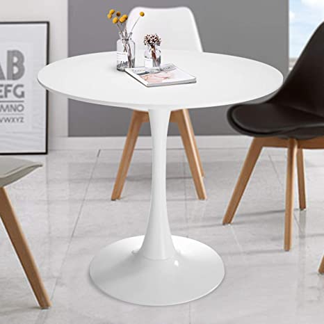 JAXSUNNY 32”Tulip Style Dining Table Pedestal Table with Round Tabletop & Metal Pedestal Base Mid-Century Modern Bar Table White