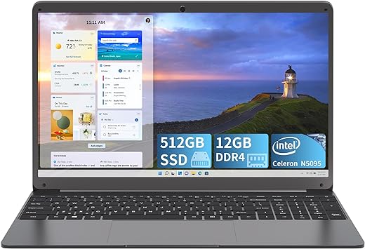 SGIN 15.6 Inch Laptop, 12GB DDR4 512GB SSD Laptops with Celeron N5095 Processor(up to 2.9 GHz) PC Notebook, Type-C, 1920 * 1080 IPS FHD Display, Dual-Band Wi-Fi, 2*USB3.0, 53200mWH Battery