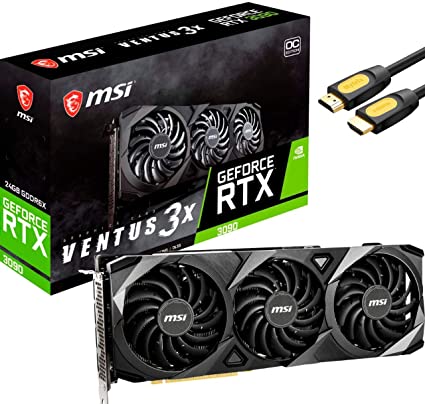 MSI VENTUS 3X GeForce RTX 3090 OC Graphics Card, 24GB GDRR6X,VR Ready, Ray Tracing, Nvlink Torx Fan 3 Ampere Architecture, 3X DisplayPort, 1x HDMI 2.1 8K w/ Mytrix HDMI Cable