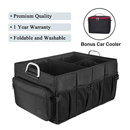 MIU COLOR Foldable Cargo Trunk Organizer Big Capacity Washable Storage with Metal Handles - Bonus Car Cooler