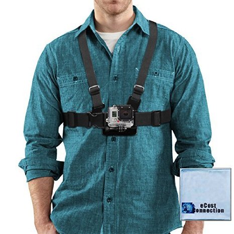 Adjustable Chest Mount Harness for GoPro Hero1 GoPro Hero2 GoPro Hero3 GoPro Hero3 and GoPro Hero4 Hero4 Session Cameras and an eCostConnection Microfiber Cloth