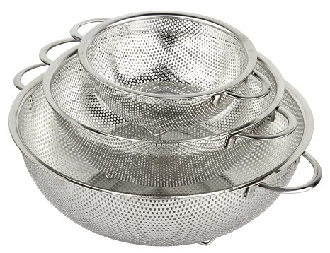 Set of 3 Dishwasher Safe Stainless Steel Micro-Perforated Colander for Food Prep - Nesting Fine Mesh Pasta Strainer perfect for washing, rinsing or draining Spaghetti and Rice