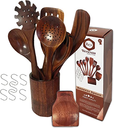 renexas 9 pcs wooden spoons for cooking utensils, natural teak