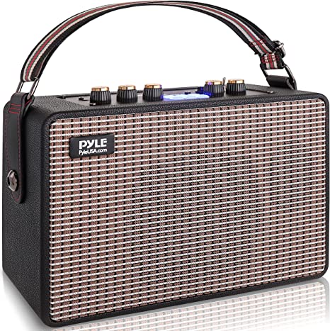 Pyle Vintage Bluetooth Speaker - Rechargeable Leather Portable Wireless BT Retro Style Audio System with TWS, 180W Heavy Bass Music Player, 5H Playtime, AUX, Mic in, Remote Control, Carrying Strap