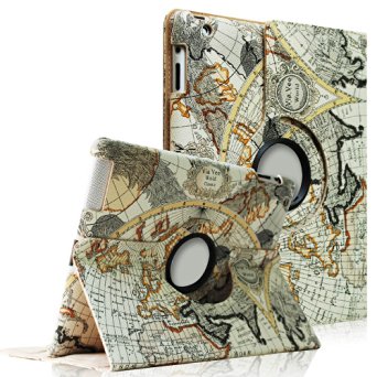 FINTIE (Map Design) 360 Degrees Rotating Stand Smart Cover PU Leather Case for Apple iPad 4th Generation Retina Display / the new iPad 3 / iPad 2 (Wake/sleep Function)