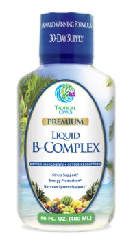 Tropical Oasis Premium Liquid B-Complex w/ Energy maximizing Herbs - Fast Absorbing Liquid B Complex Supplement w/ full line of 8 B-vitamins - 16 oz, 32 servings