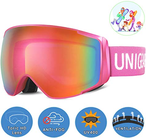 Unigear Ski Goggles, Snowboard Goggles OTG UV400 Production Double Lenses Anti-fog Helmet Compatible Windproof Snow Goggles for Kids Women Men Parent-child