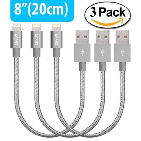 ONSON 3Pack 8 Inch iPhone Lightning Cable Charging Cord Nylon Braided USB Cable 8 Pin Cable for iPhone 6/6S/6 Plus/6S Plus,5/5S/5C/SE,iPad Air/iPad Mini/iPad Air Pro,iPod Touch and more (Gray)