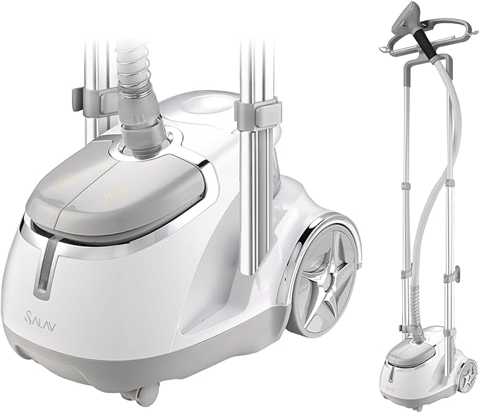 SALAV GS45-DJ Professional Upright Garment Steamer with Roll Wheels, Multi-Function Extra Wide Hanger, Fabric Brush & Mini Ironing Paddle, 1500 watts, Silver
