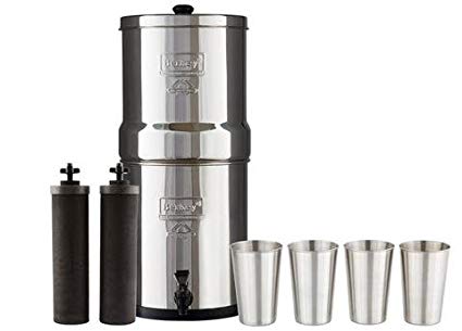 Berkey Travel Water Filter System (1.5 Gallons) includes 2 Black Purifier Filters Bundled with 1-set of 4 Stainless Steel Cups