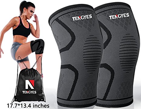 Knee Brace ( 1 Pair / sackpack ) by Tengyes - Best Knee Support Compression Sleeve for ACL, MCL, Volleyball, Powerlifting, Basketball, Running, Sports - Knee Sleeves for Women & Men (Small, Black)