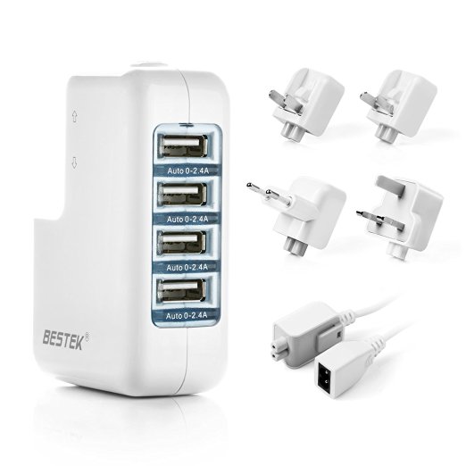 BESTEK USB Wall Charger 5.2A/35W 4-Port USB Plug with US/AU/UK/EU Travel Adapter