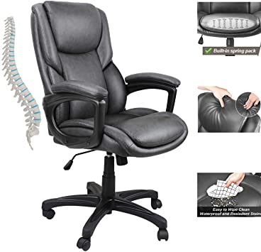 PU Leather Executive Office Chair，Ergonomic Computer Chair Swivel Mid Back Modern Desk Chair with Casters Height Tilt Adjustable Upholstered Armchair Rollerblade Stool, 360 Rolling Thick