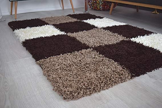 BRAVICH RugMasters Extra Large Brown Beige & Ivory Checked Pattern Geometric Square Design Mix Super Soft High Deep Pile Luxury Shaggy Area Rug/Living Room Rug Carpet 200x290cm (6'7" x9'6)