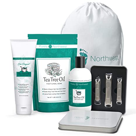 TEA TREE NATURAL FOOT CARE TREATMENT-Gift Set for Athletes Foot, Fungi and Body Odor. Includes: Tea Tree Anti Fungal Foot & Body Wash, Foot Soak, Foot & Body Cream & Nail Clipper Set-Made in the USA