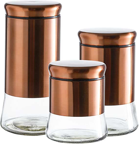 Set of 3 Glass Canisters with Bronze Stainless Steel Cover and Lids,28/38/50 Ounce