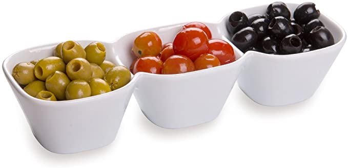 Porcelain Triple Bowl, Triplet Bowl, Bowl Set - Great for Snacks, Dips and More - White - 9.5 Inches - 18 Ounce - 1ct Box - Restaurantware