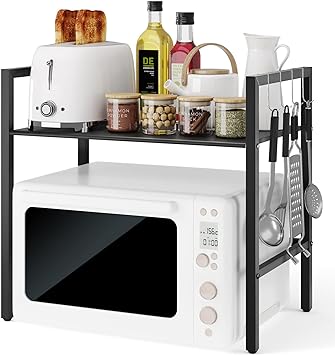 BTGGG Microwave Shelf 2 Tier Metal Microwave Oven Rack Microwave Stand Baker's Rack Kitchen Counter Storage Organiser Space Saver Shelf with 4 Hooks, 44lbs/20kg Load Bearing