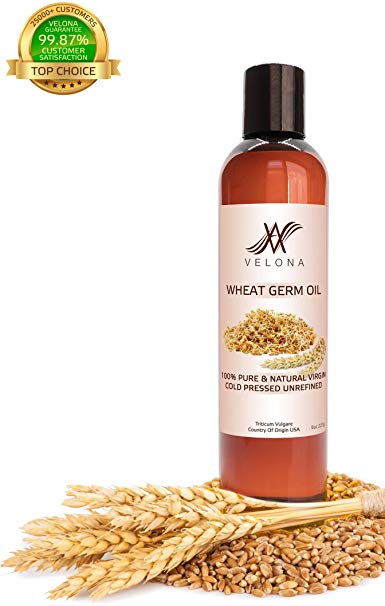 100% Organic Wheat Germ Oil USP Grade by Velona | All Natural Pure Carrier Oil for Ski, Hair, Body & Face Care and Cooking | Unrefined, Cold Pressed, RAW | Size: 8 oz
