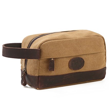 S-ZONE Vintage Leather Canvas Toiletry Bag Shaving Dopp Case Makeup Bag