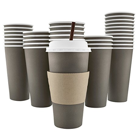 100 Pack - 20 Oz [8, 12, 16] Disposable Hot Paper Coffee Cups, Lids, Sleeves, Stirring Straws To Go