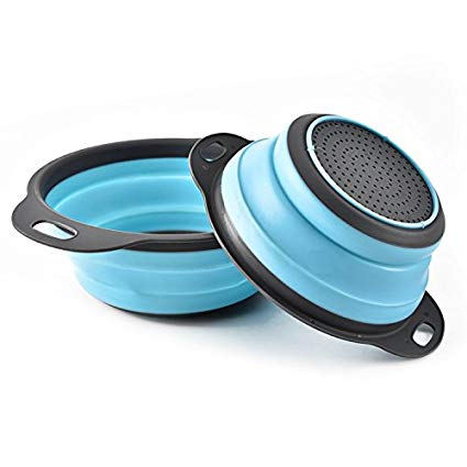 Miswaki Collapsible Colanders with Handles (2 Pc. Set) Round Kitchen Sink Strainers | Heat-Resistant Silicone | Stackable, Space-Saving Design | Pasta, Vegetables, Hot Water (Blue)
