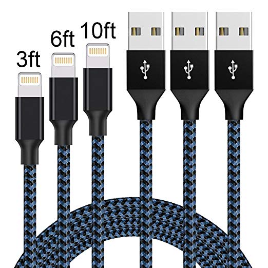 Lightning Cable,AOFU iPhone cable 3Pack 3FT 6FT 10FT to USB Syncing and iPhone Charger Data Nylon Braided Cord Charger for iPhoneX/8Plus/8/7/7Plus/6/6Plus/6s/6sPlus/5/5s/5c/SE and more-BlackBlue