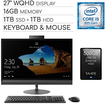 Lenovo Ideacentre 27” WQHD All-in-One Multi-Touch Screen 2020 Premium Desktop Computer, 6-Core Intel i5-8400T 1.70GHz, 16GB RAM, 1TB SSD   1TB HDD,DVD, WiFi,Bluetooth,HDMI,Win 10/500GB External HDD