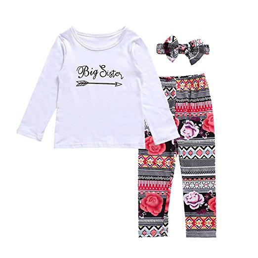 OUTGLE Baby Girl Romper T-shirt Top   Floral Trousers   Headband Clothing Set Sisters Outfits