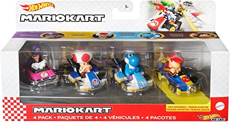 Hot Wheels Mario Kart Vehicle 4-Pack, Set of 4 Fan-Favorite Characters Includes 1 Exclusive Model, Collectible Gift for Kids & Fans Ages 3 Years Old & Up