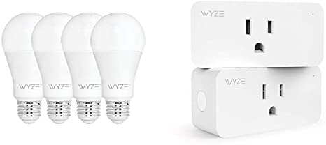 Wyze Bulb 800 Lumen A19 LED Smart Home Light Bulb, Adjustable White Temperature and Brightness, Works with Alexa and The Google Assistant, No Hub Required, 4-Pack & Smart Home Plug, Two-Pack, White