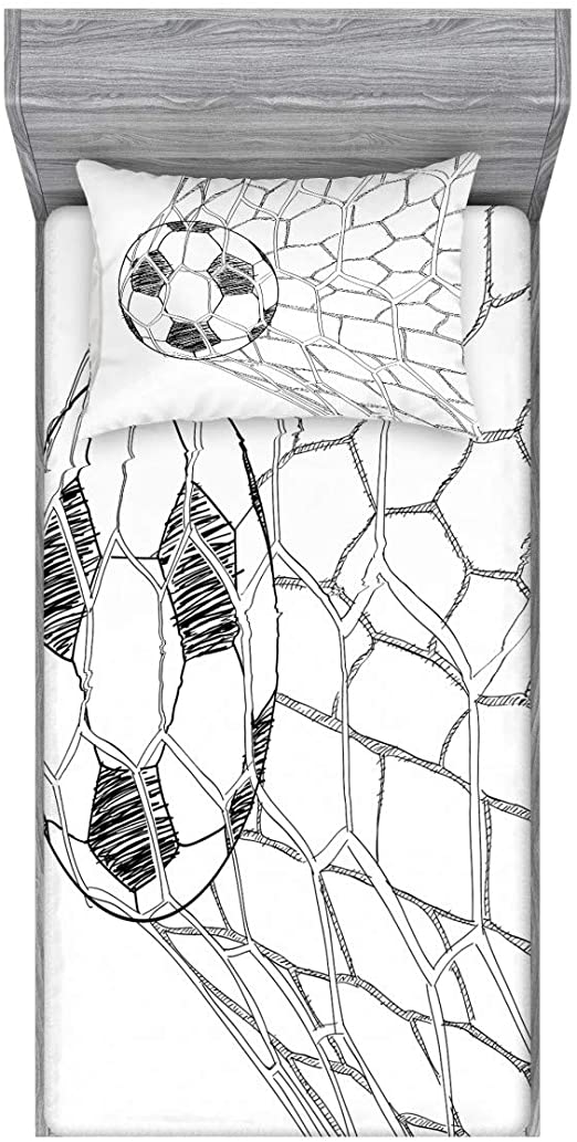 Ambesonne Soccer Fitted Sheet & Pillow Sham Set, Soccer Ball in Net Goaly Position Sports Competition Spectators Hand Drawn Style, Decorative Printed 2 Piece Bedding Decor Set, Twin, Black