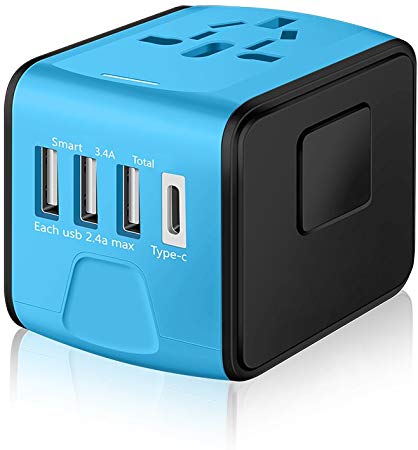 SAUNORCH Universal Travel Adapter,International Power Adapter W/High Speed 2.4A USB 3.0A Type-C Wall Charger, European Plug Adapter, Worldwide AC Outlet Electrical Adapters for Europe travel, Canada, UK, US, AU, Asia-Blue